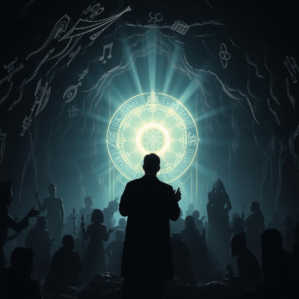 A mystical and dark cave setting filled with intricate shadows of various religious statues and symbols