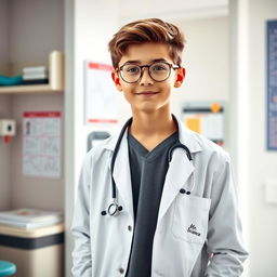 A young, stylish teenager dressed as a doctor, wearing round spectacles and a stethoscope around his neck