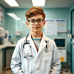 A young, stylish teenager dressed as a doctor, wearing round spectacles and a stethoscope around his neck