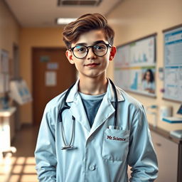 A young, stylish teenager dressed as a doctor, wearing round spectacles and a stethoscope around his neck