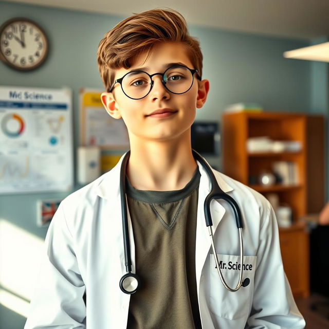 A young, stylish teenager dressed as a doctor, wearing round spectacles and a stethoscope around his neck