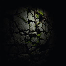 An intriguing scene depicting a crumbling stone wall that shows signs of age and decay, with moss and vines overtaking the rough surface