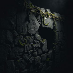 An intriguing scene depicting a crumbling stone wall that shows signs of age and decay, with moss and vines overtaking the rough surface
