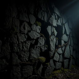 An intriguing scene depicting a crumbling stone wall that shows signs of age and decay, with moss and vines overtaking the rough surface