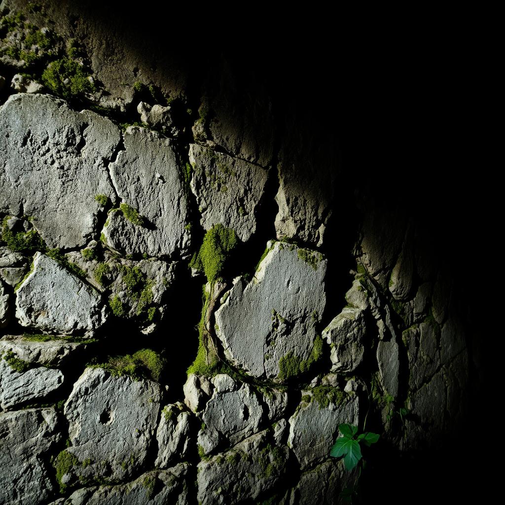 An intriguing scene depicting a crumbling stone wall that shows signs of age and decay, with moss and vines overtaking the rough surface