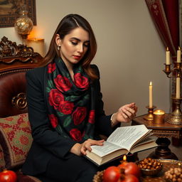 A 24-year-old Iranian woman sitting next to a traditional Yalda night table, elegantly reading a book of Hafez's poetry