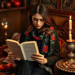 A 24-year-old Iranian woman sitting next to a traditional Yalda night table, elegantly reading a book of Hafez's poetry
