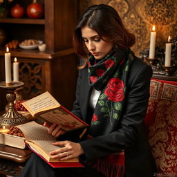 A 24-year-old Iranian woman sitting next to a traditional Yalda night table, elegantly reading a book of Hafez's poetry