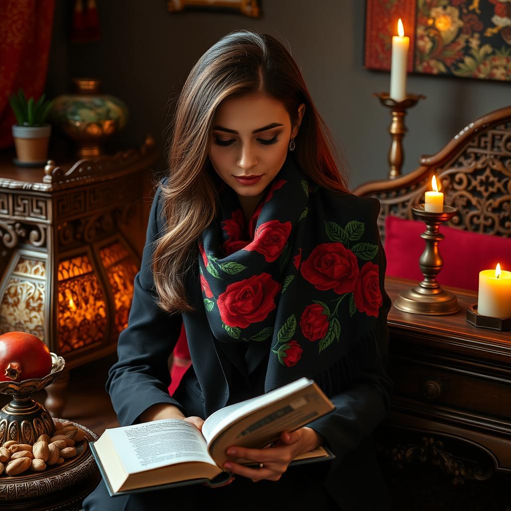 A 24-year-old Iranian woman sitting next to a traditional Yalda night table, elegantly reading a book of Hafez's poetry