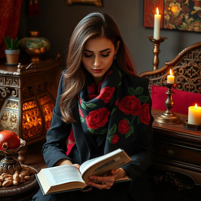 A 24-year-old Iranian woman sitting next to a traditional Yalda night table, elegantly reading a book of Hafez's poetry