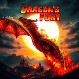 A stunning movie poster featuring a massive, fire-breathing dragon soaring through the sky, engulfed in flames