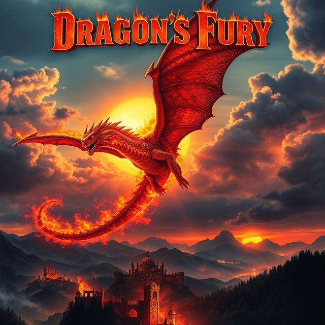 A stunning movie poster featuring a massive, fire-breathing dragon soaring through the sky, engulfed in flames