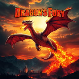 A stunning movie poster featuring a massive, fire-breathing dragon soaring through the sky, engulfed in flames