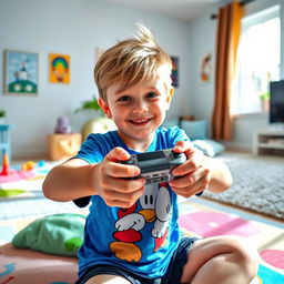 A boy, around the age of 10, is sitting on a colorful play mat in a bright and cheerful living room