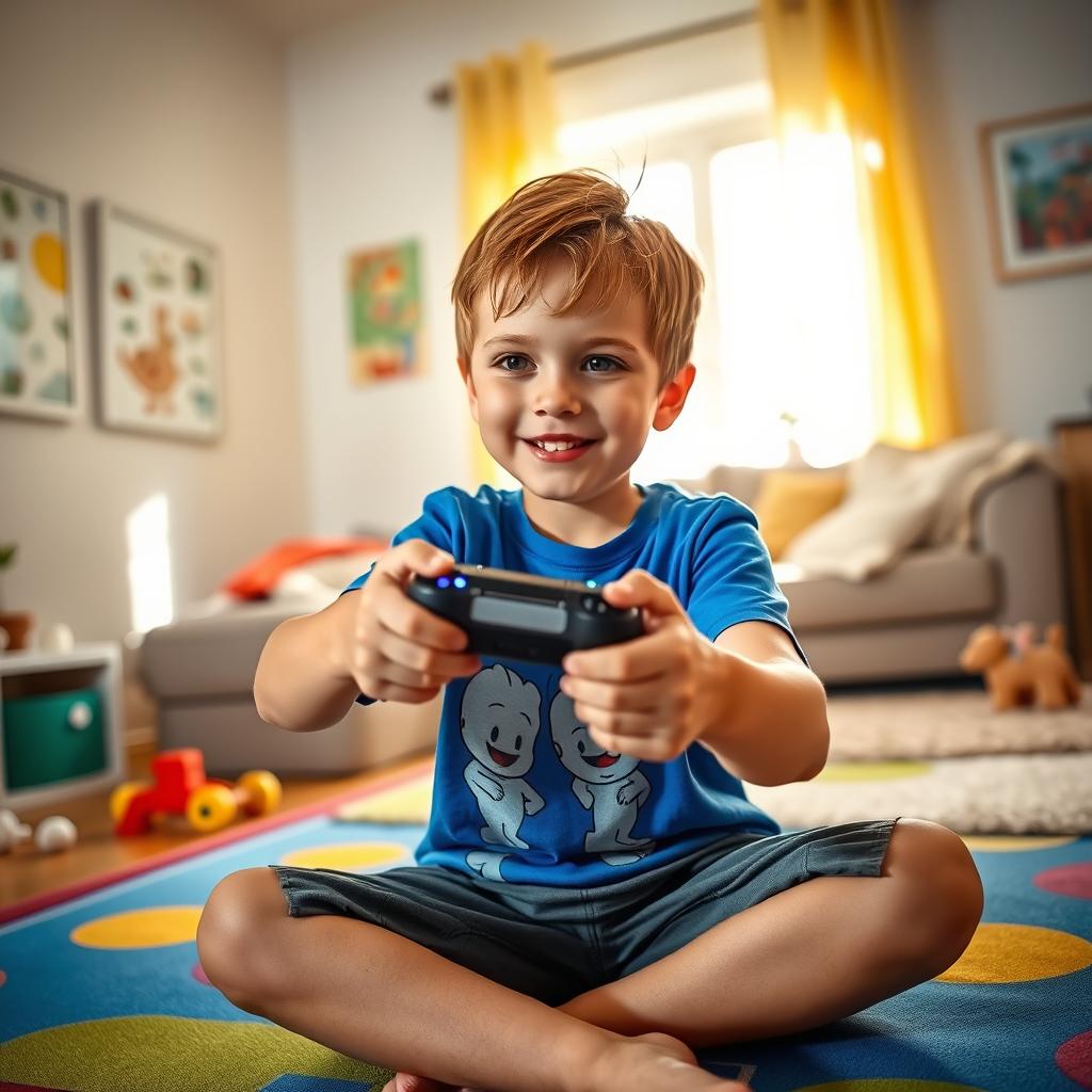 A boy, around the age of 10, is sitting on a colorful play mat in a bright and cheerful living room