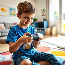A boy, around the age of 10, is sitting on a colorful play mat in a bright and cheerful living room