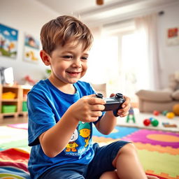 A boy, around the age of 10, is sitting on a colorful play mat in a bright and cheerful living room