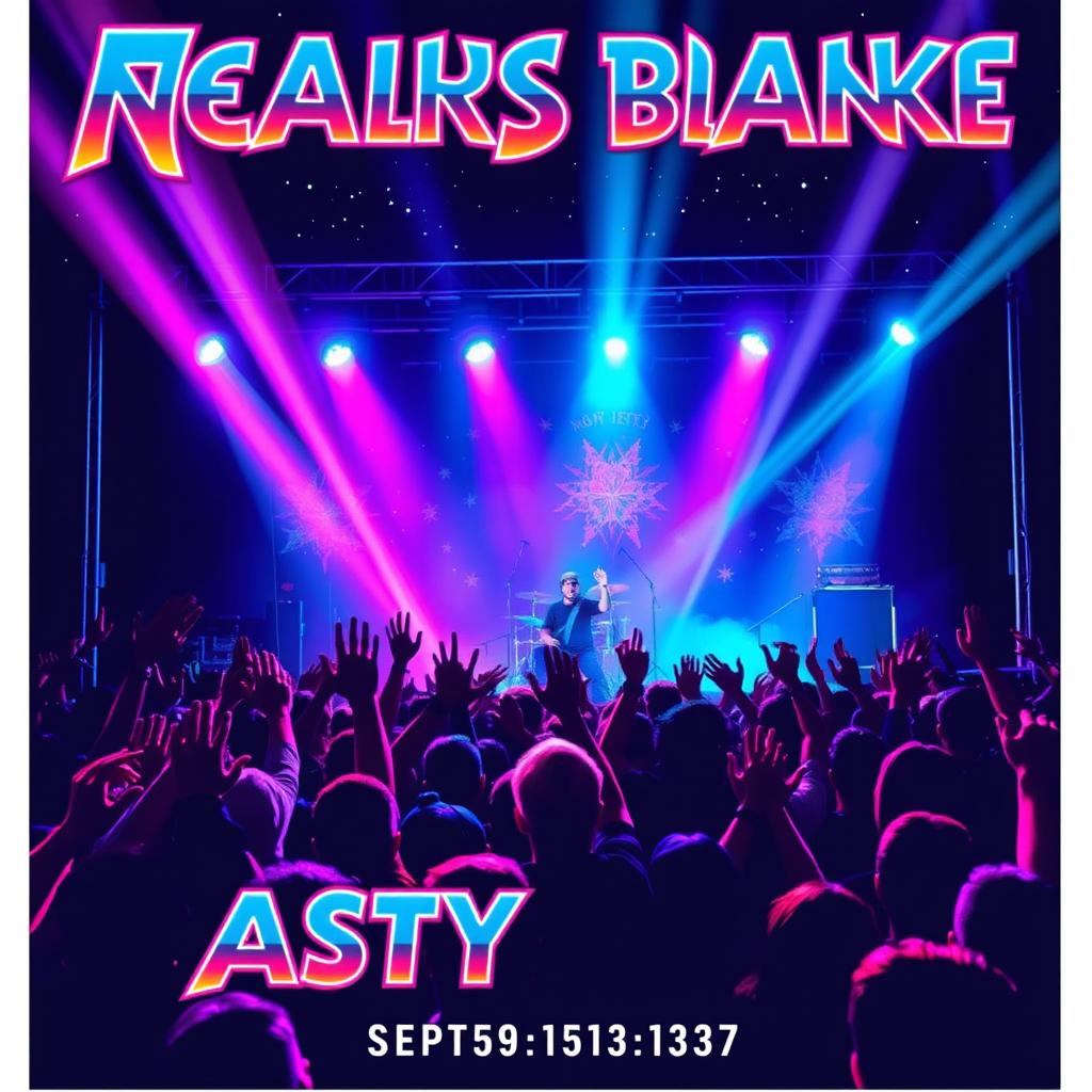 A vibrant concert poster featuring a dynamic rock band performing on stage under dazzling lights