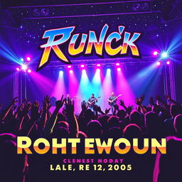 A vibrant concert poster featuring a dynamic rock band performing on stage under dazzling lights