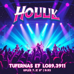 A vibrant concert poster featuring a dynamic rock band performing on stage under dazzling lights