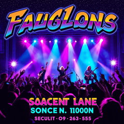 A vibrant concert poster featuring a dynamic rock band performing on stage under dazzling lights