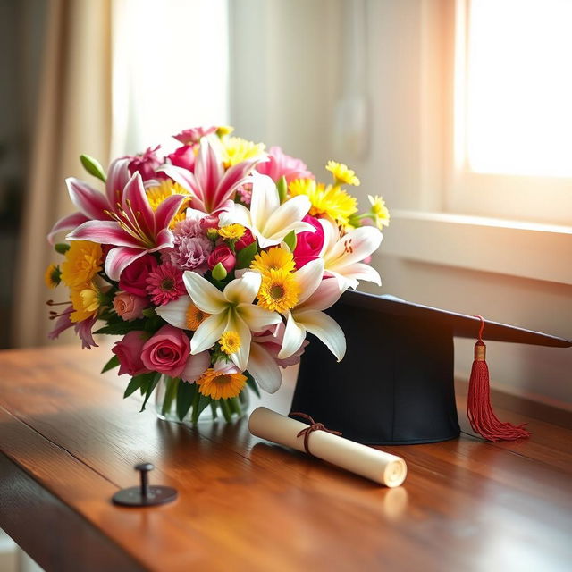 A graduation cap placed elegantly on a wooden table next to a beautiful bouquet of colorful flowers