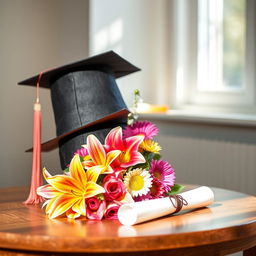 A graduation cap placed elegantly on a wooden table next to a beautiful bouquet of colorful flowers