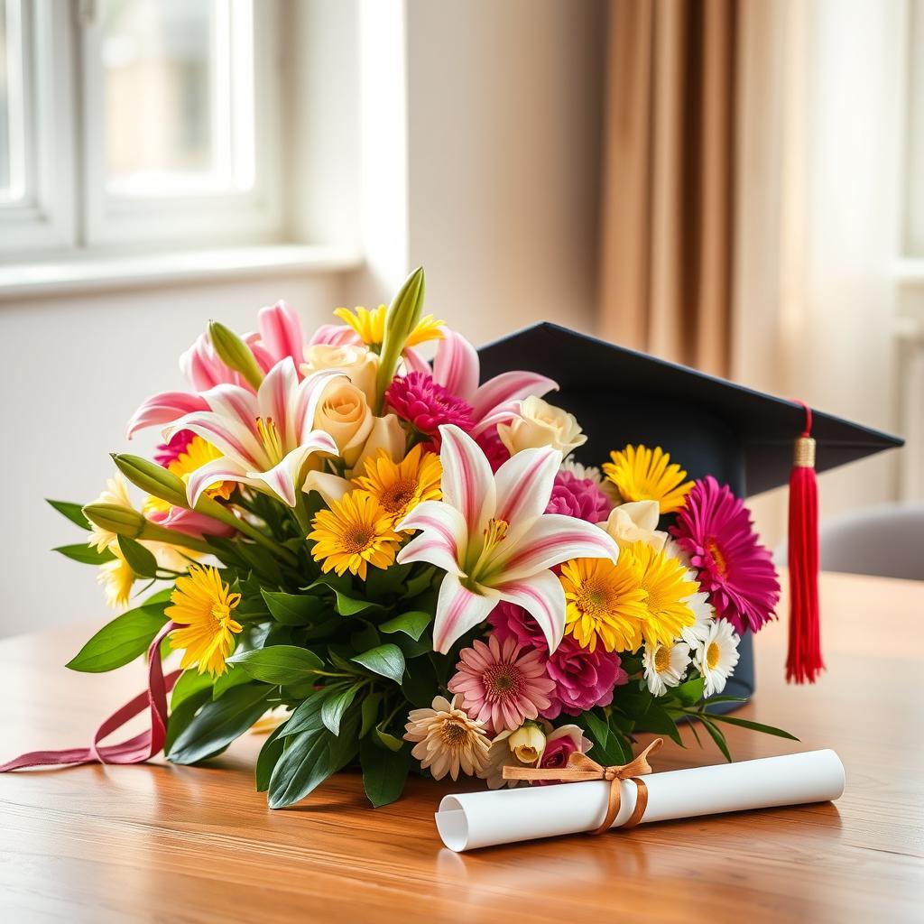 A graduation cap placed elegantly on a wooden table next to a beautiful bouquet of colorful flowers