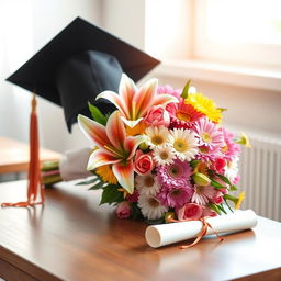 A graduation cap placed elegantly on a wooden table next to a beautiful bouquet of colorful flowers