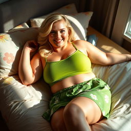 A 30-year-old curvy chubby blonde woman lying gracefully on a plush bed, dressed in a vibrant green singlet that accentuates her figure, paired with a short green floral skirt that adds a touch of playfulness