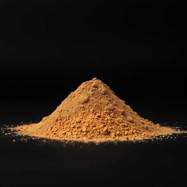 A pile of cinnamon powder scattered on the ground, viewed from a completely front angle