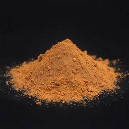 A pile of cinnamon powder scattered on the ground, viewed from a completely front angle