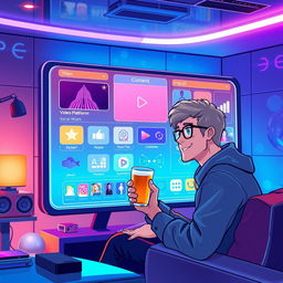 A digital illustration depicting a futuristic scene of a user interacting with a sleek, high-tech interface on a screen