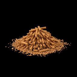 A pile of cinnamon sticks scattered on the ground, forming a small hill