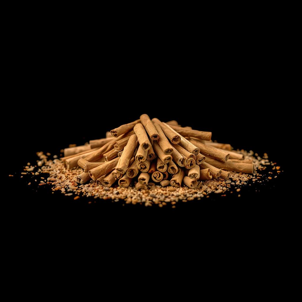 A pile of cinnamon sticks scattered on the ground, forming a small hill