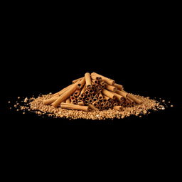 A pile of cinnamon sticks scattered on the ground, forming a small hill