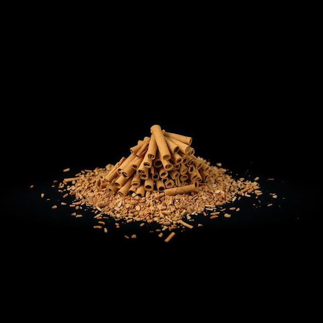 A pile of cinnamon sticks scattered on the ground, forming a small hill