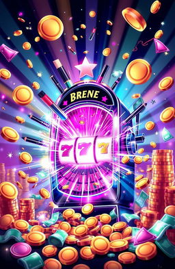 An imaginative illustration of a casino slot machine bursting with energy, surrounded by vibrant coins and cash cascading around it