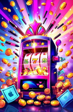 An imaginative illustration of a casino slot machine bursting with energy, surrounded by vibrant coins and cash cascading around it