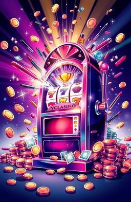 An imaginative illustration of a casino slot machine bursting with energy, surrounded by vibrant coins and cash cascading around it