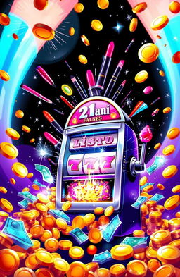 An imaginative illustration of a casino slot machine bursting with energy, surrounded by vibrant coins and cash cascading around it