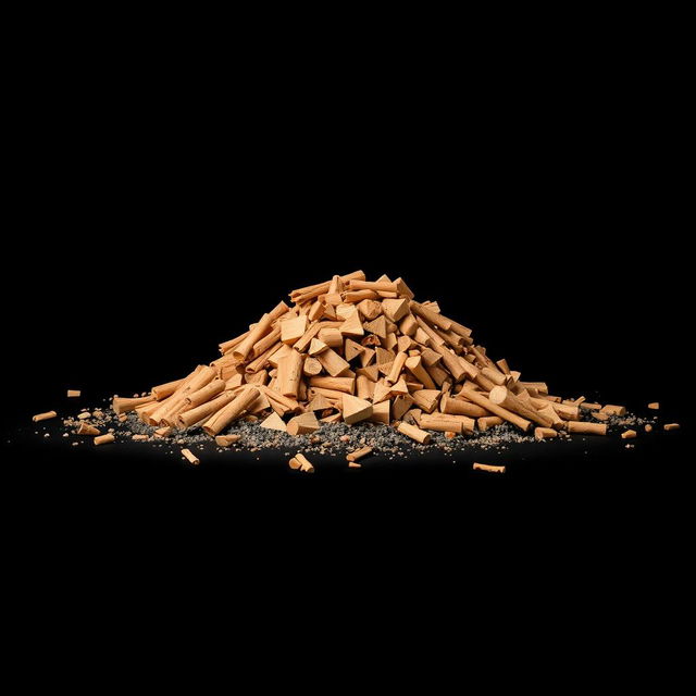 A pile of cinnamon wood pieces scattered on the ground, forming a small hill