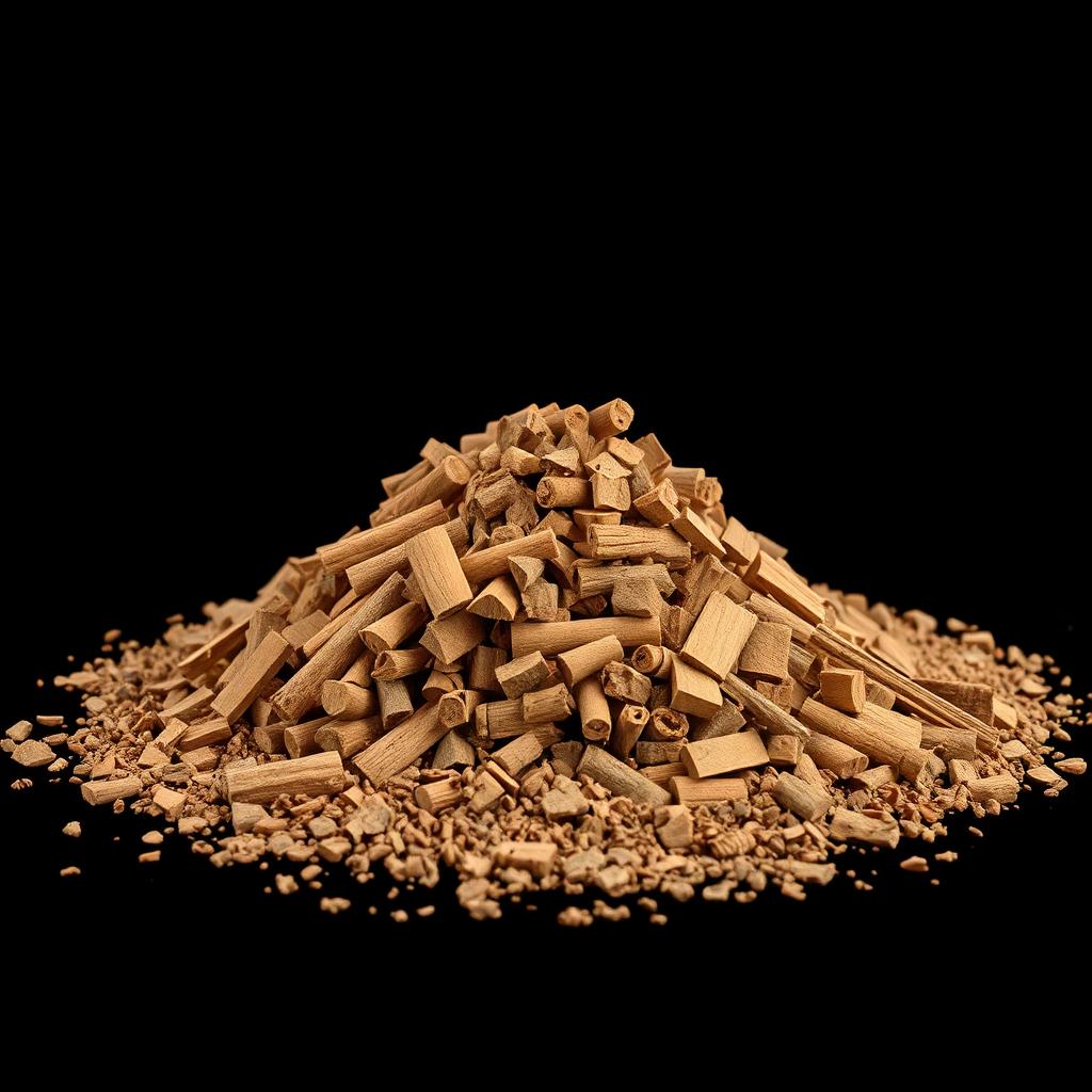 A pile of cinnamon wood pieces scattered on the ground, forming a small hill