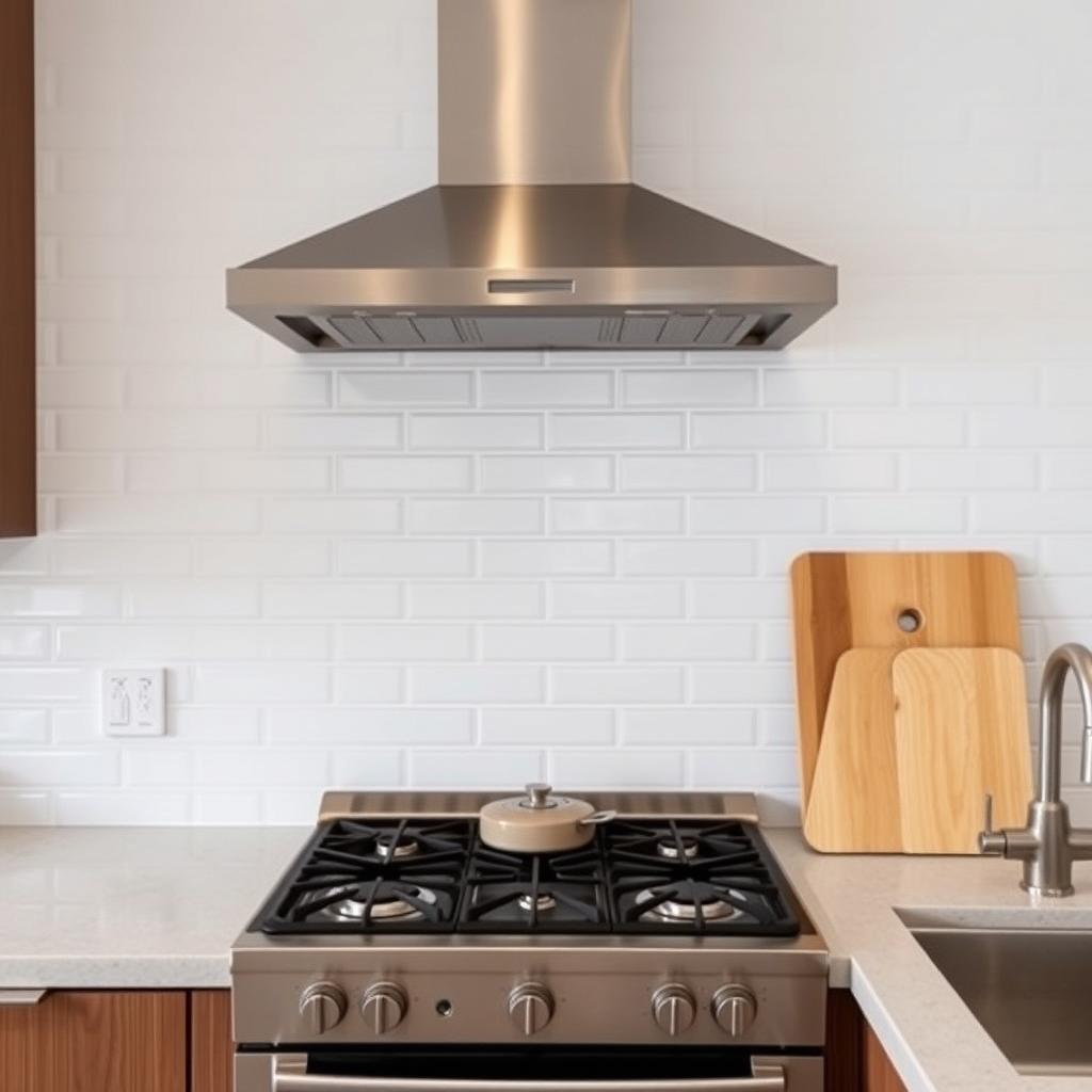 A modern kitchen featuring subway tiles on the wall, with a gas stove underneath