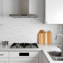 A modern kitchen featuring subway tiles on the wall, with a gas stove underneath