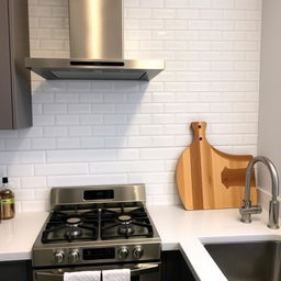 A modern kitchen featuring subway tiles on the wall, with a gas stove underneath