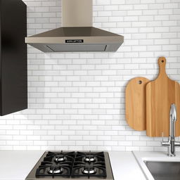 A modern kitchen featuring subway tiles on the wall, with a gas stove underneath