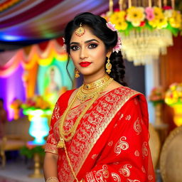 A stunning Bengali bride adorned in a traditional red and gold saree, intricately designed with shimmering embroidery