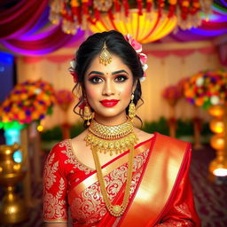 A stunning Bengali bride adorned in a traditional red and gold saree, intricately designed with shimmering embroidery