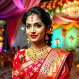 A stunning Bengali bride adorned in a traditional red and gold saree, intricately designed with shimmering embroidery